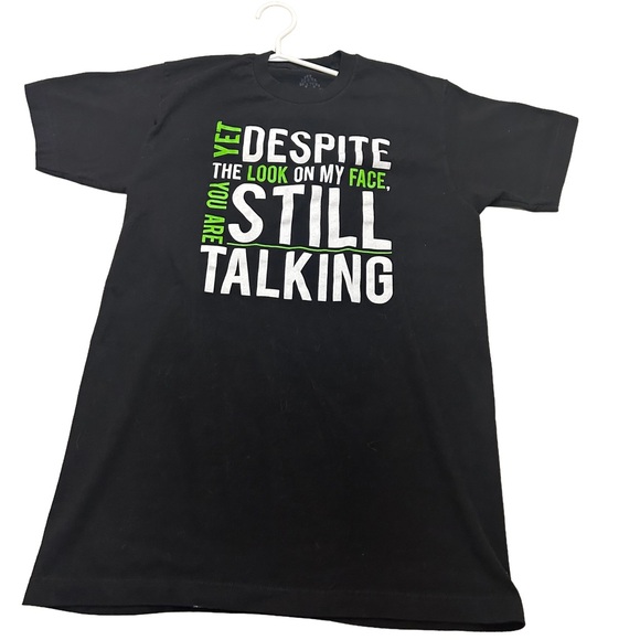 Woman’s Classic Black Tee with Bold White and Green Text Size M - Picture 4 of 5